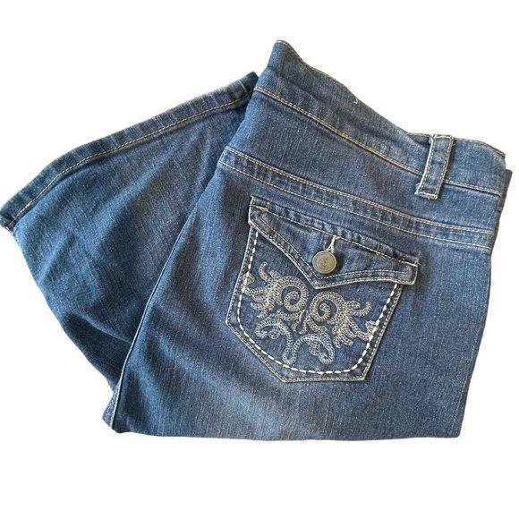 No Fuze Womens Jean Skirt 16 Blue Embroidered‎ Pockets Western Pencil Denim Slit - Picture 8 of 8